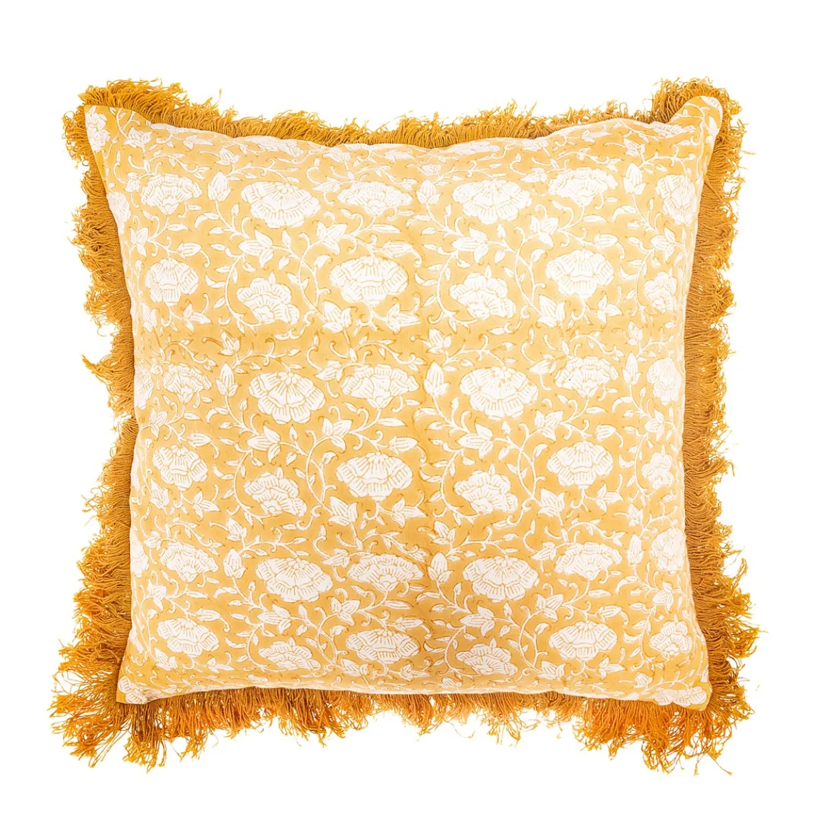 Block Print Fringed Cushion Cover Mustard
