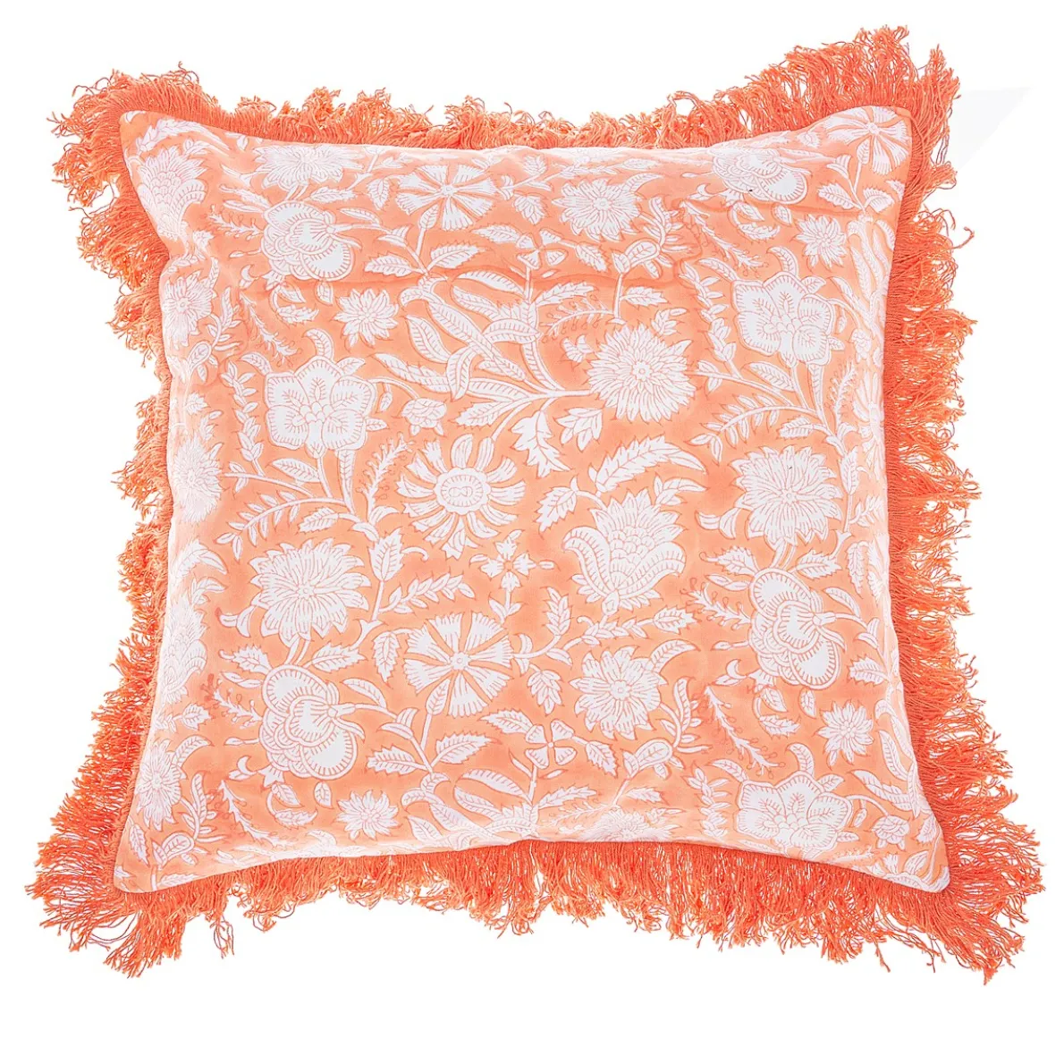 Block Print Fringed Cushion Cover Terracotta