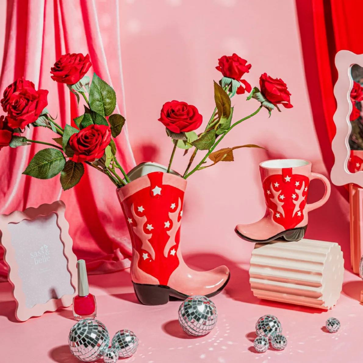 Cowboy Boot Pink & Red Vase