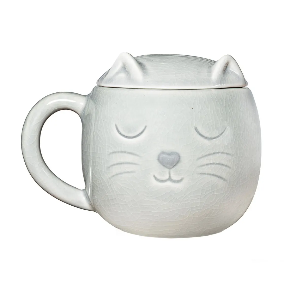 Crackle Glaze Grey Cat Mug with Lid