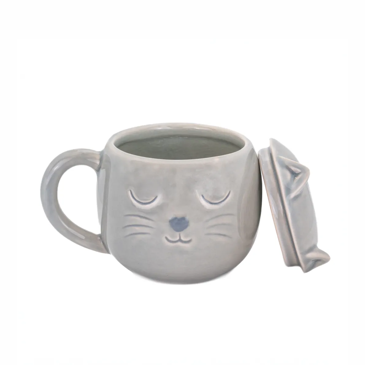 Crackle Glaze Grey Cat Mug with Lid