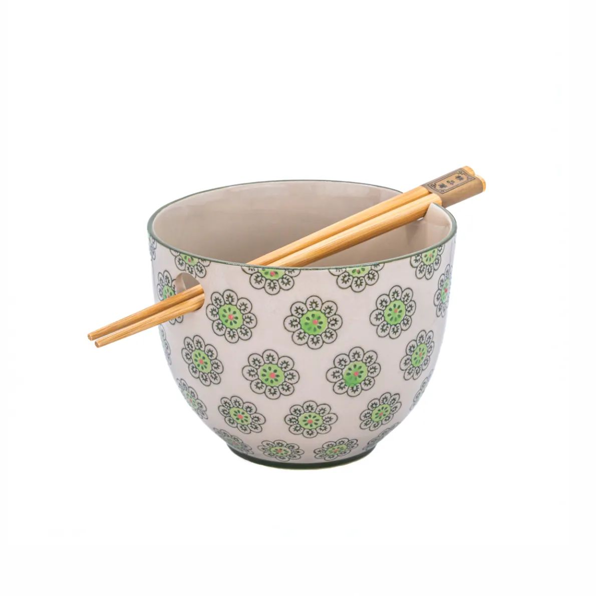 Geometric Print Green Noodle Bowl - With Chopsticks