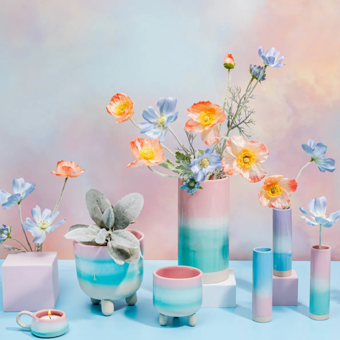 Pastel Ombre Tealight Holder with Handle Pink & Green