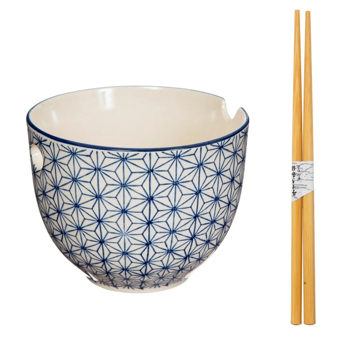 Sashiko Pattern Noodle Bowl with Chopsticks