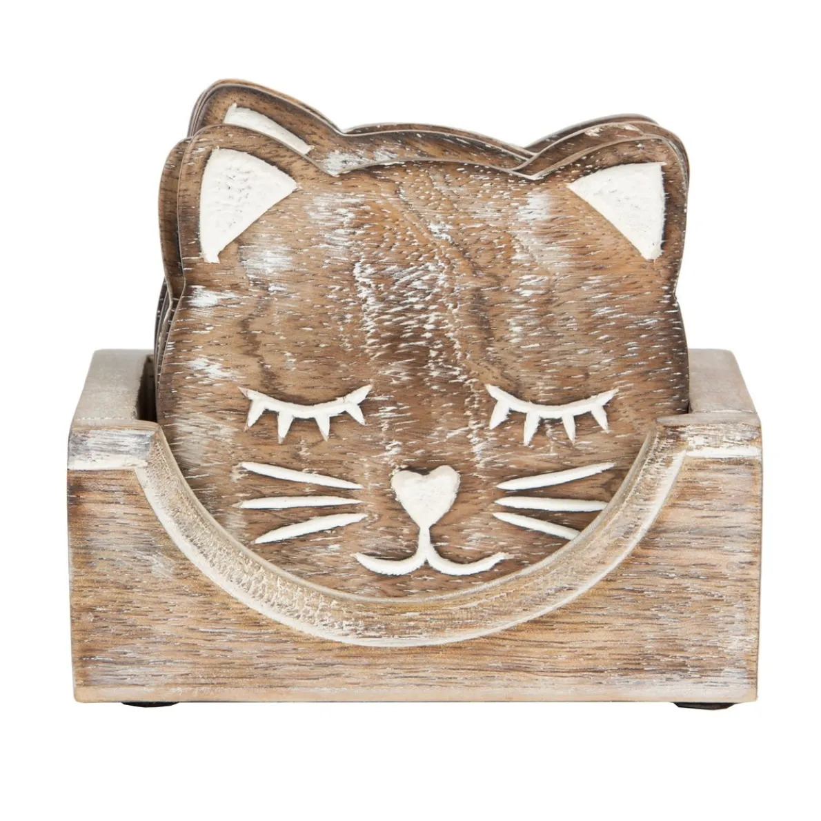Wooden Brown Carved Cat Coaster - Set of 6