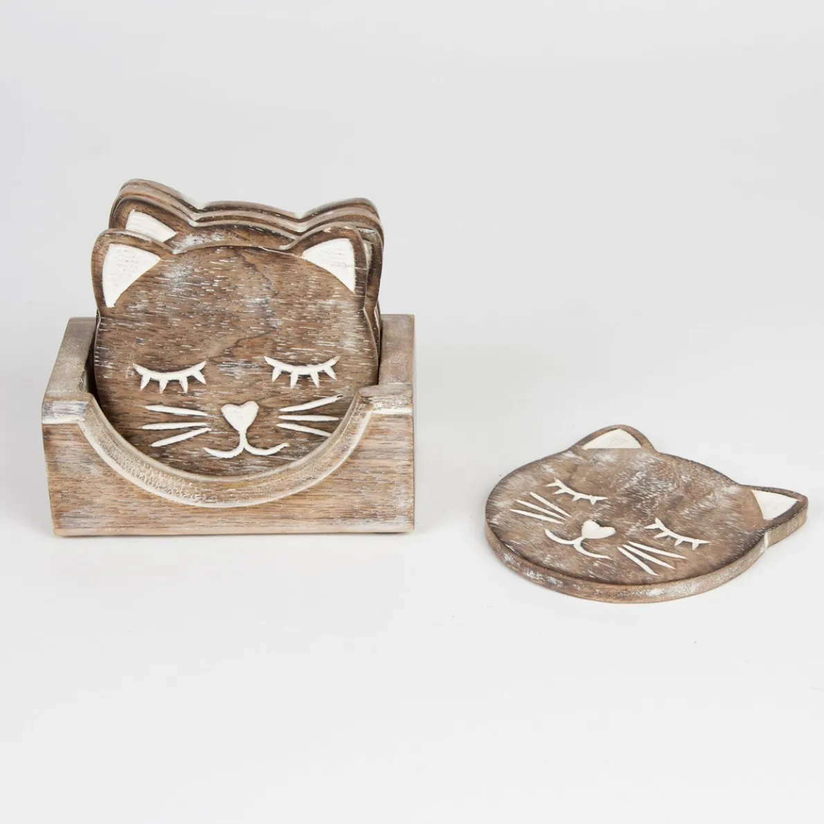 Wooden Brown Carved Cat Coaster - Set of 6